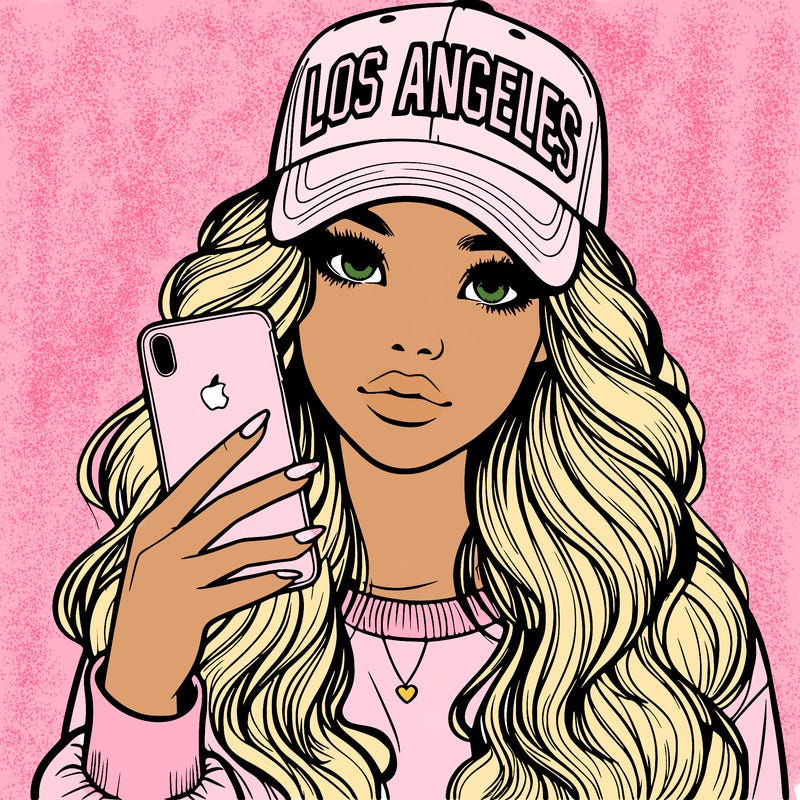 realistic beautiful girl wearing los ángeles cap holding an iphone