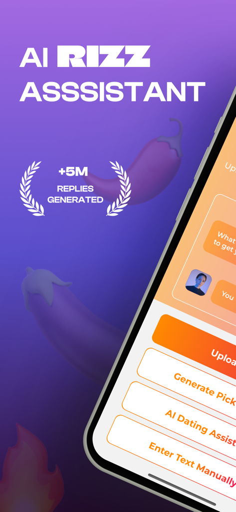 Plug RIZZ AI Dating Assistant - Interfaz de la aplicación Plug RIZZ AI Dating Assistant que muestra las funciones del asistente de 'rizz' IA y prueba social.