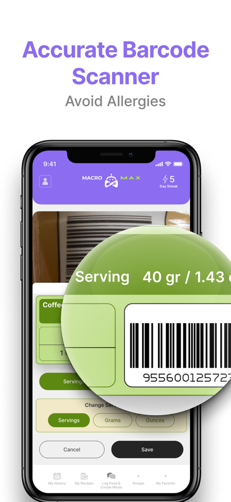 Macro Max: AI Macro Tracker - Macro Max 앱 인터페이스에 식사 기록 및 알레르기 방지를 위한 정확한 바코드 스캐너 기능이 표시됨