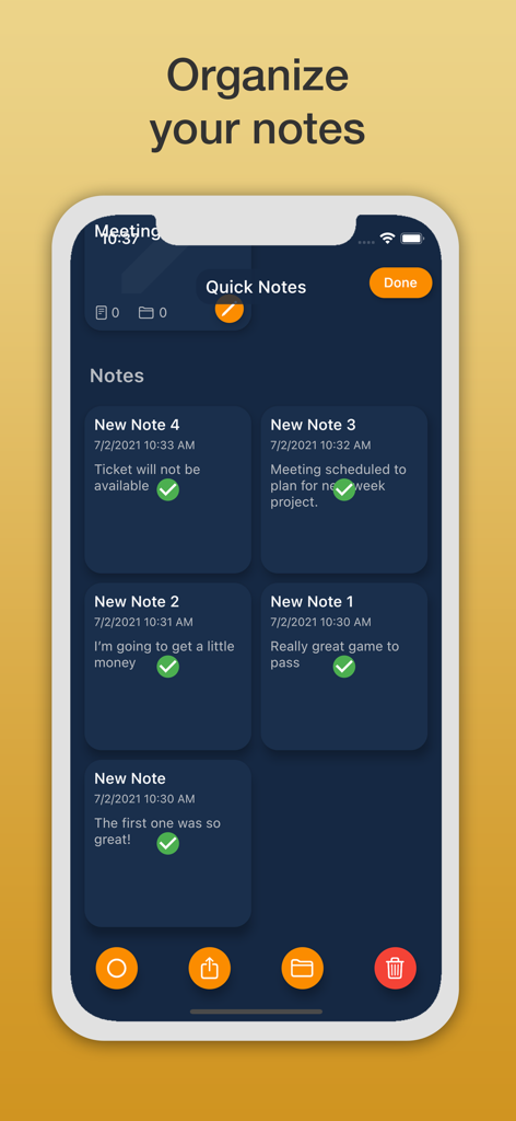 Safety Note+ - 어두운 파란색 배경에 타임스탬프와 상태 확인 표시가 있는 정리된 메모를 보여주는 Safety Note plus 앱 인터페이스