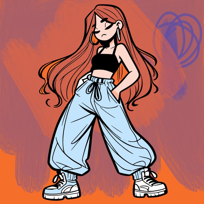 girl in baggy pants crop top and long hair