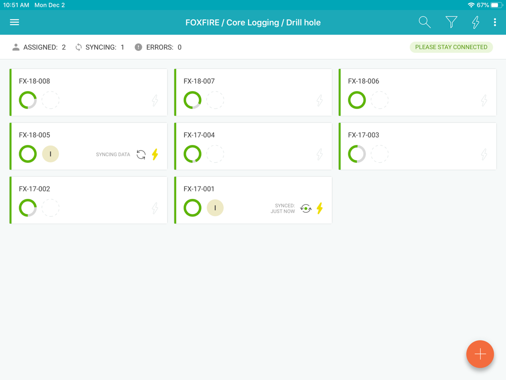MX Deposit app dashboard showing drill hole core logging records and synchronization status