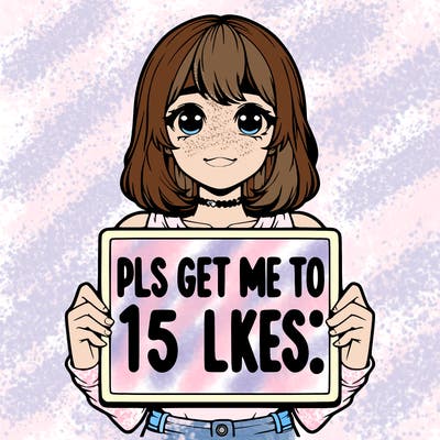 realistic girl holding up a sign that says “pls get me to 15 likes!”
