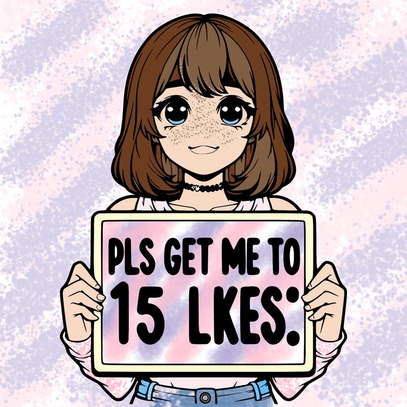 realistic girl holding up a sign that says “pls get me to 15 likes!”