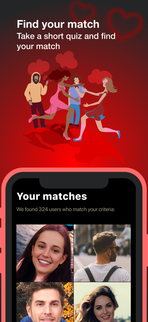 Match and Meet dating app screen showing potential partner profiles and a call to action for a psychological matching quiz