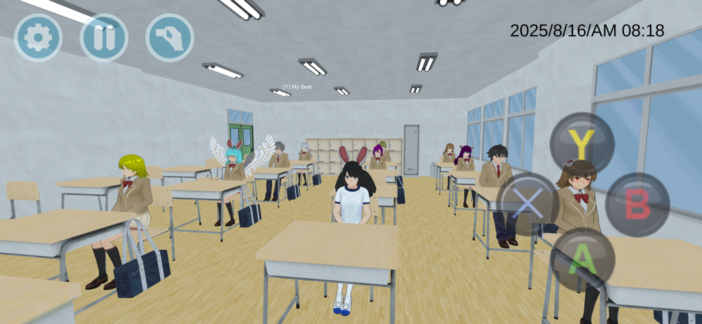High School Simulator 2018 - Estudantes em estilo anime sentados em carteiras em um ambiente de sala de aula de escola secundária