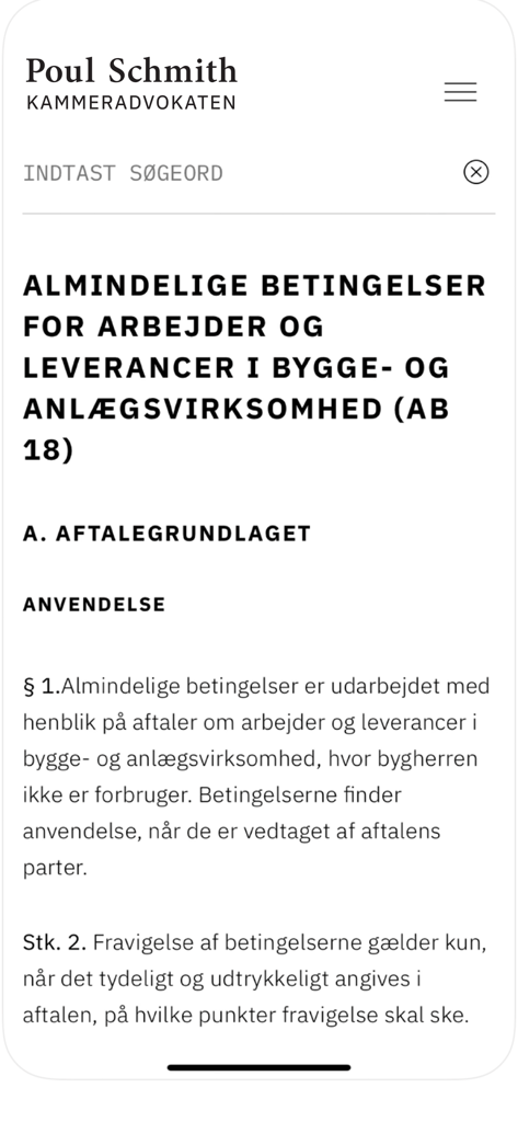 AB18-Guiden - Mobile Benutzeroberfläche von AB18 Guiden mit Baurechtstext und Suchleiste