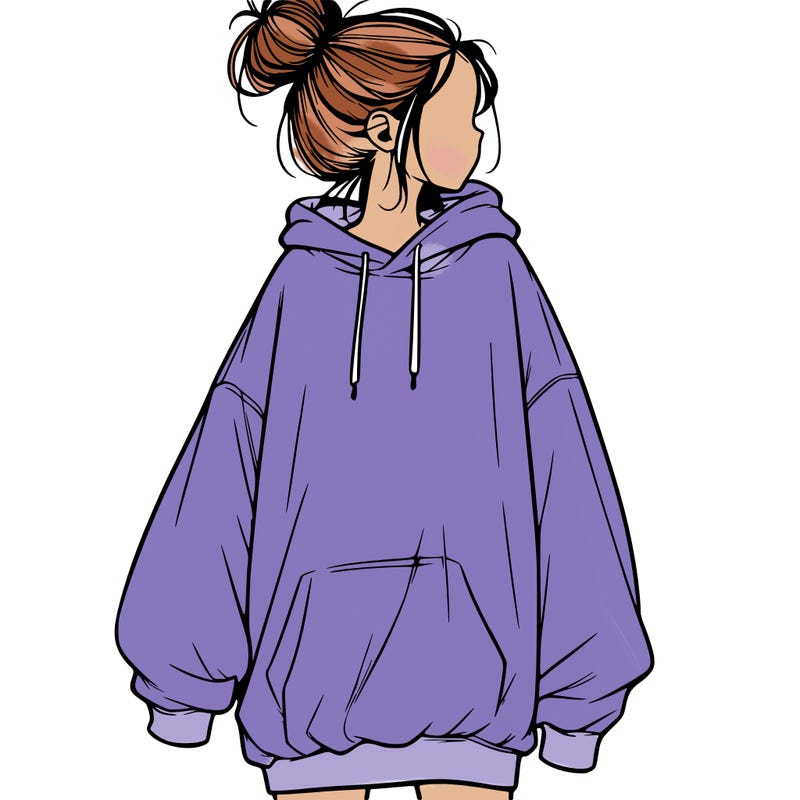 realistic girl with a oversized sweatshirt on and a bun