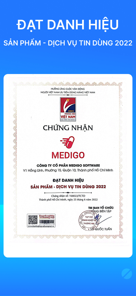 MEDIGO - Đặt thuốc nhanh 24/7 - Certificate of recognition for MEDIGO as a trusted product and service in 2022