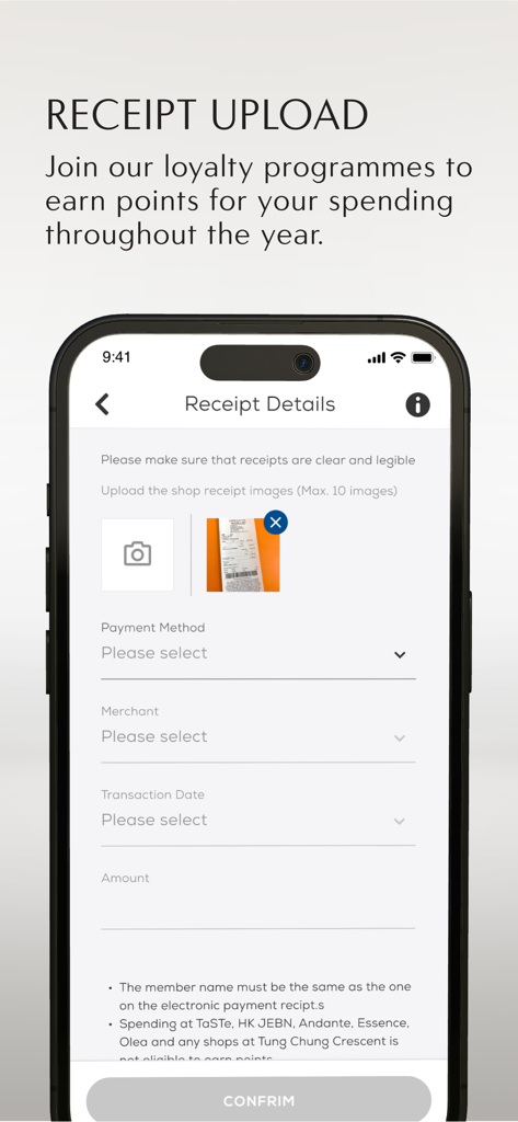 TAIKOO+ - Interface of TAIKOO plus app showing the receipt upload page to earn rewards points.