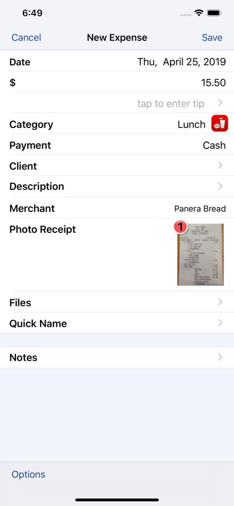 Interfaz de la aplicación XpenseTracker Pro que muestra una nueva entrada de gastos para un almuerzo de negocios con una foto de recibo adjunta