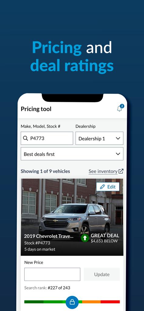 CarGurus Dealer - CarGurus Dealer app pricing tool interface showing vehicle deal ratings and price update options