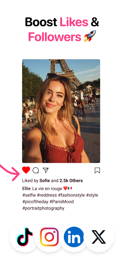 Selfie de viagem de uma mulher com legendas e hashtags geradas por IA mostrando alto engajamento em plataformas de mídia social como Instagram e TikTok.
