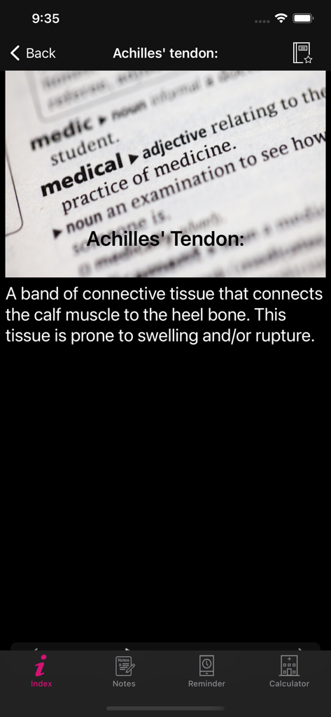 Captura de tela do aplicativo Medical Dictionary Premium mostrando a definição e a descrição anatômica do tendão de Aquiles.