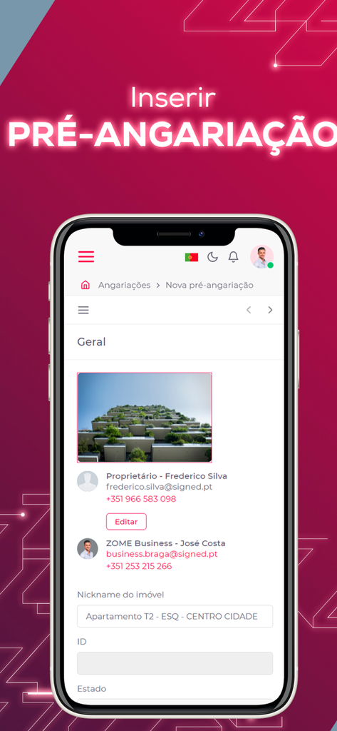 Mobile screenshot of the Zap app showing a property pre-listing entry screen with owner contact information and building photo