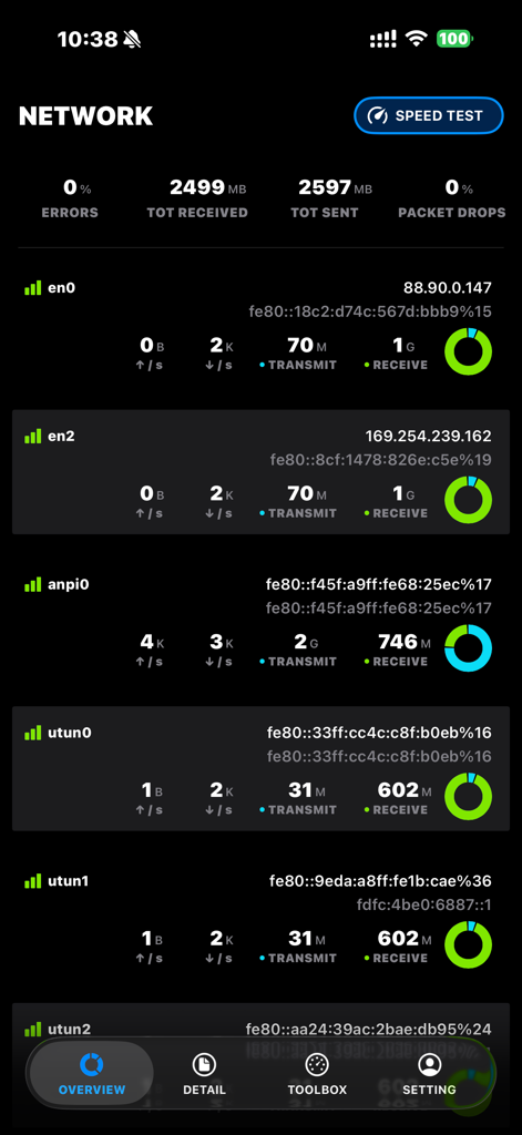CPU-X - CPU-X app interface showing real-time network traffic data and individual interface diagnostics on an iPhone screen.