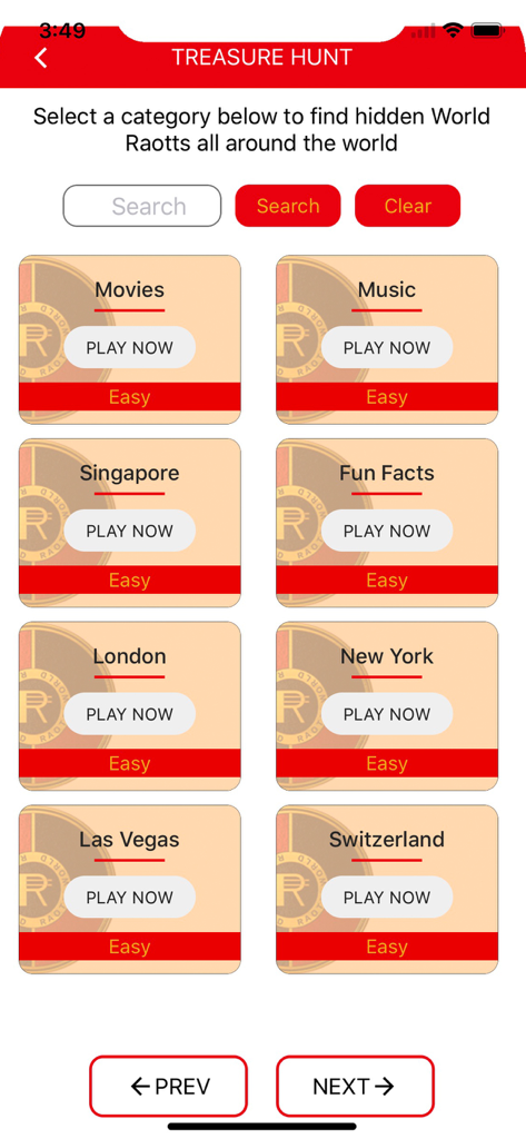 World Raott app screen showing various treasure hunt categories and locations