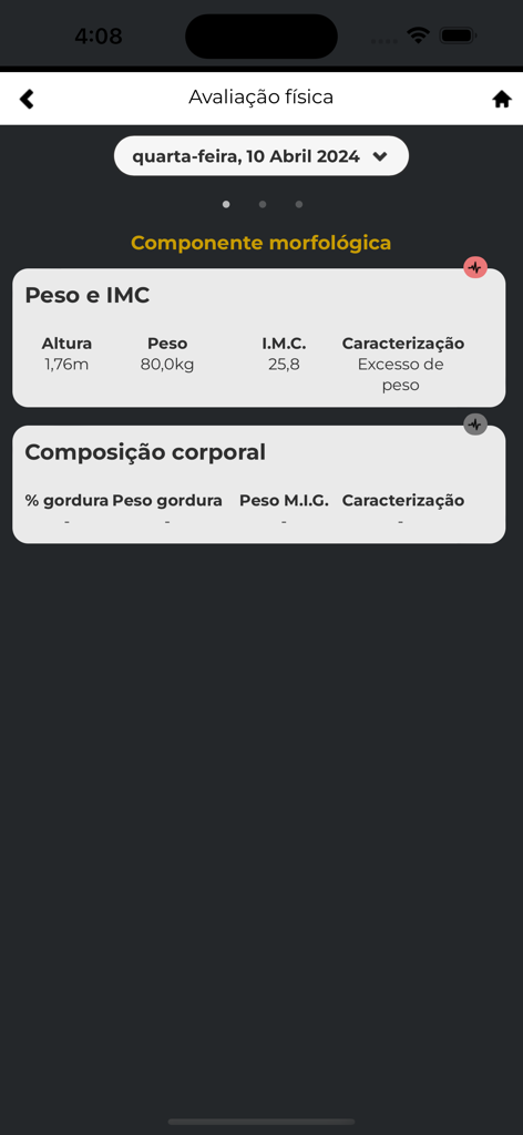 Balance App - Interface mobile de l'application Balance montrant une évaluation physique avec des mesures de poids et d'IMC