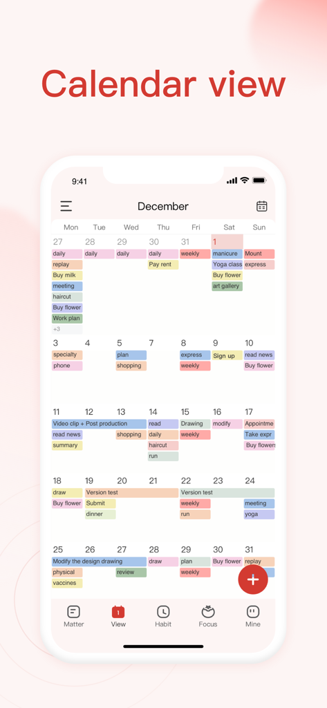 朝暮计划-自律打卡学习计划清单提醒管家 - Vista de calendario mensual en la aplicación Zomoplan que muestra un horario codificado por colores de tareas y hábitos