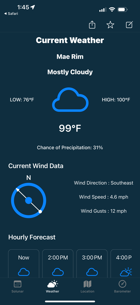 Fishing Solunar Calendar - Écran des prévisions météorologiques et éoliennes actuelles dans l'application Calendrier Solunaire de Pêche montrant la température, la vitesse du vent et les prévisions horaires