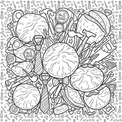 Celebrate Father's Day with a deliciously creative twist! This unique coloring page combines soft pita breads with classic dad-themed items like tools, ties, and 'No. 1 DAD' badges, offering a fun and engaging activity for all ages.