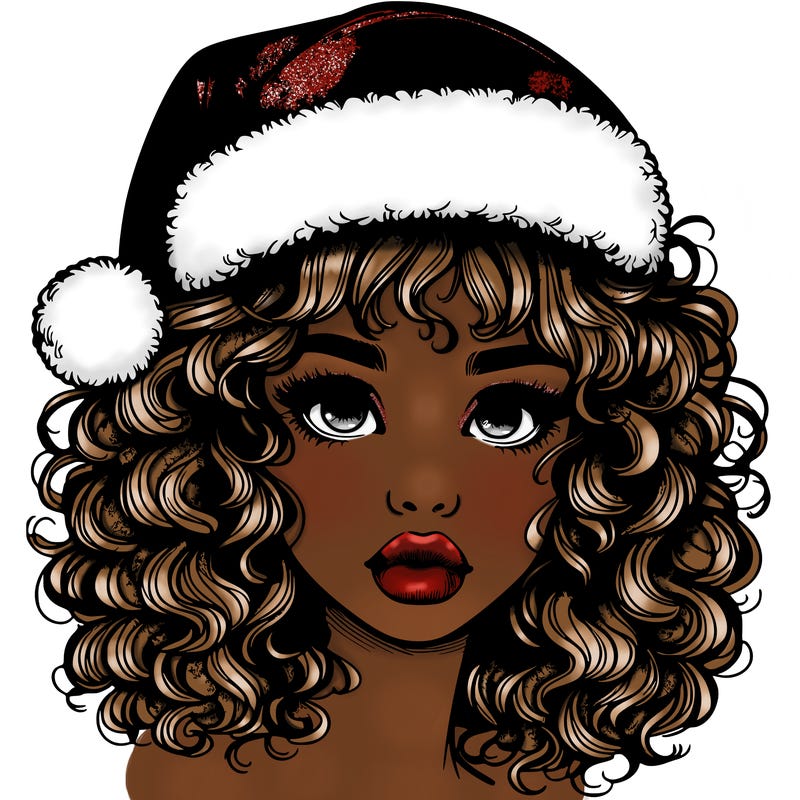 realistic girl with a santa hat curly hair and lips