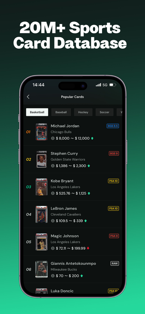 CardSnap - Sports Card Scanner - A mobile app interface displaying a list of popular basketball cards with their current market value estimates and grading details.