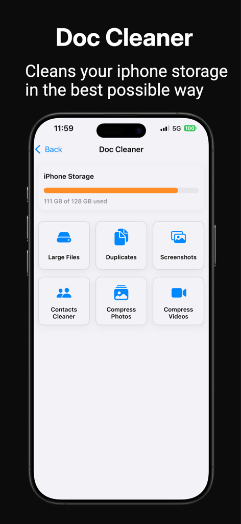 File Doctor - Interfaz de la aplicación File Doctor que muestra la herramienta Limpiador de Documentos con opciones para archivos grandes, duplicados y compresión de fotos