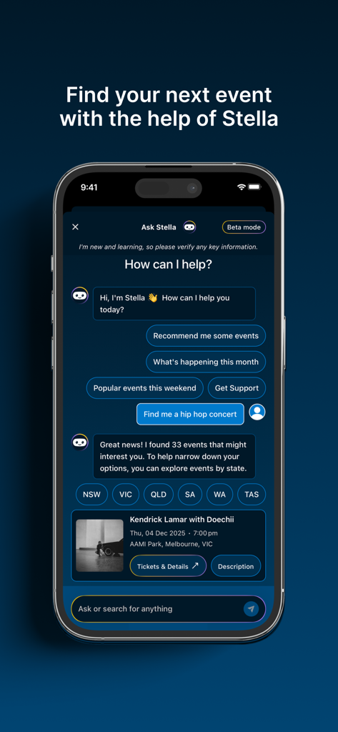 Ticketek AU app interface featuring Stella the AI assistant helping a user find a hip hop concert