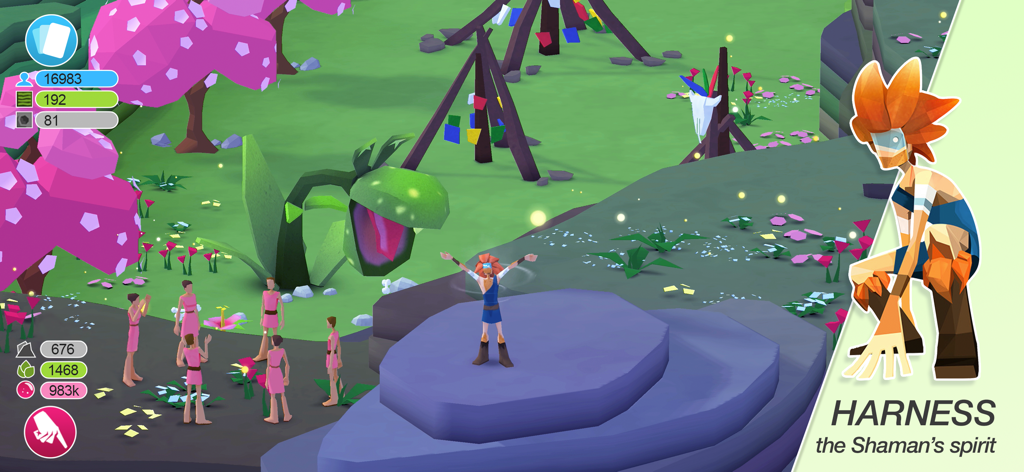Godus - Un personnage de chaman sur une plateforme de pierre surélevée, entouré de disciples dans un paysage coloré en low-poly