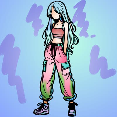 girl in baggy pants crop top and long hair