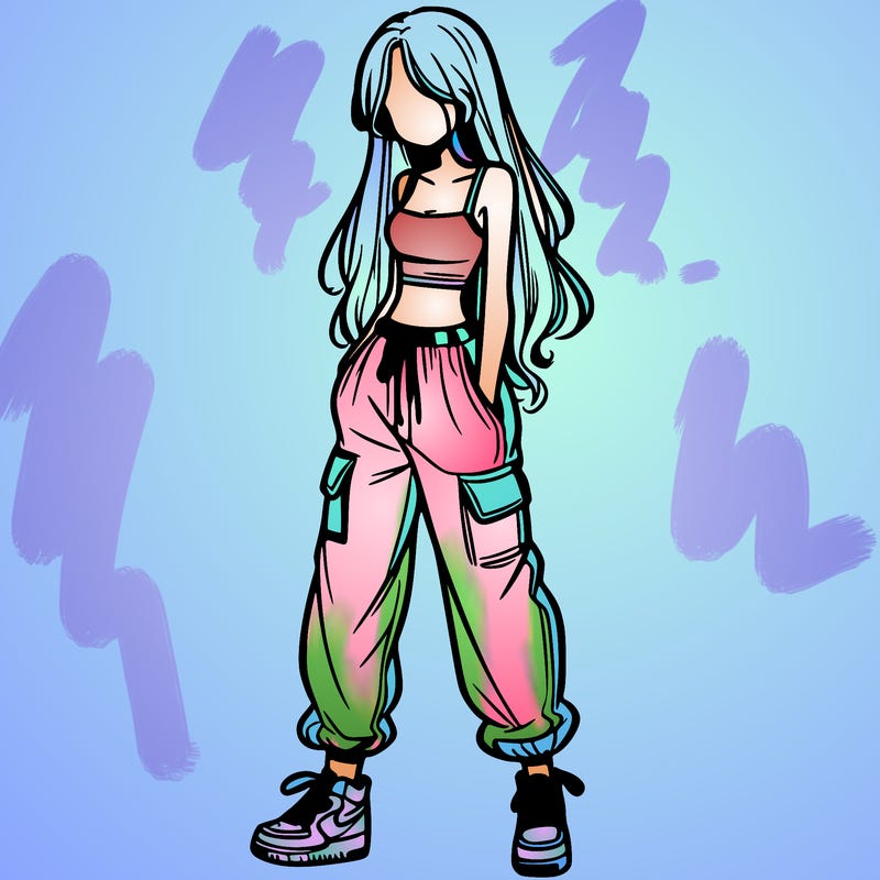 girl in baggy pants crop top and long hair