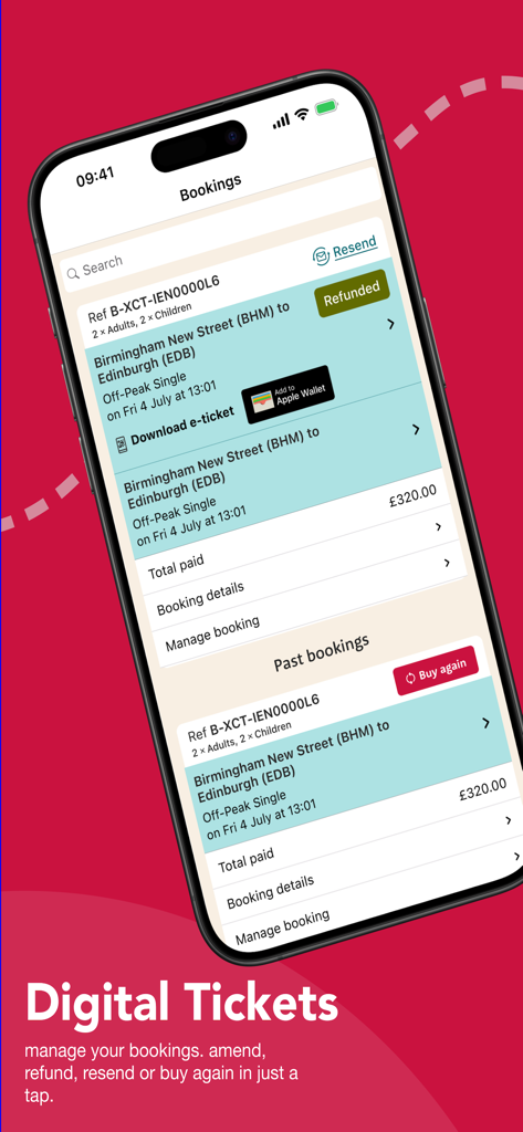 CrossCountry app interface showing digital train tickets and booking management features