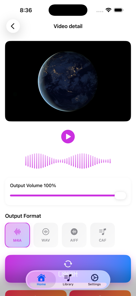 Convert Video to MP3: VidoTune - VidoTuneアプリのインターフェース。ビデオ再生と、M4AやWAVなどのオーディオ出力形式を選択するオプションが表示されています。