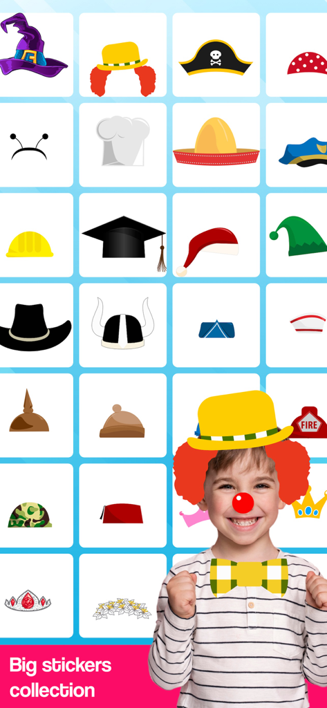 Face Effects Camera - Stickers - Una colección de stickers de sombreros y accesorios con un niño usando un disfraz de payaso digital