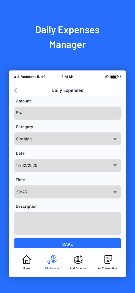 Daily Budget Tracker & Planner - Daily Budget Tracker app interface for manually adding a new expense entry.