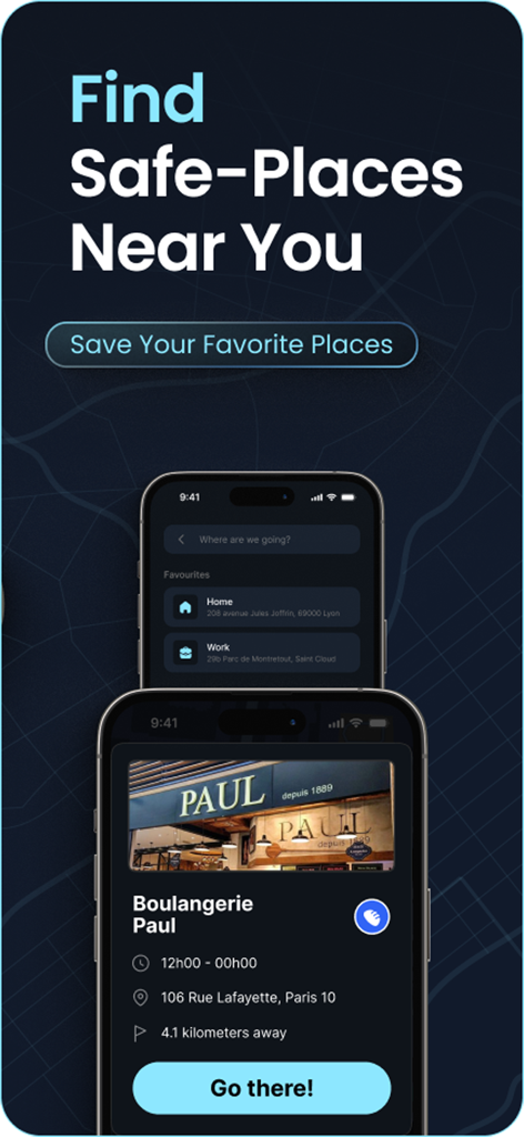 Olago app interface showing safe places search and saved locations like home and work