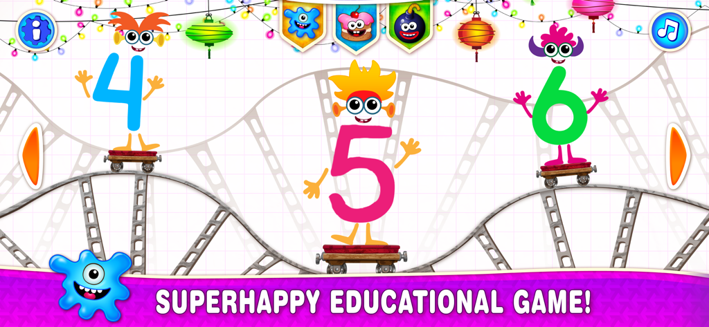 123 Counting Number Kids Games - Animated numbers 4, 5, and 6 on a roller coaster in an educational game for kids.