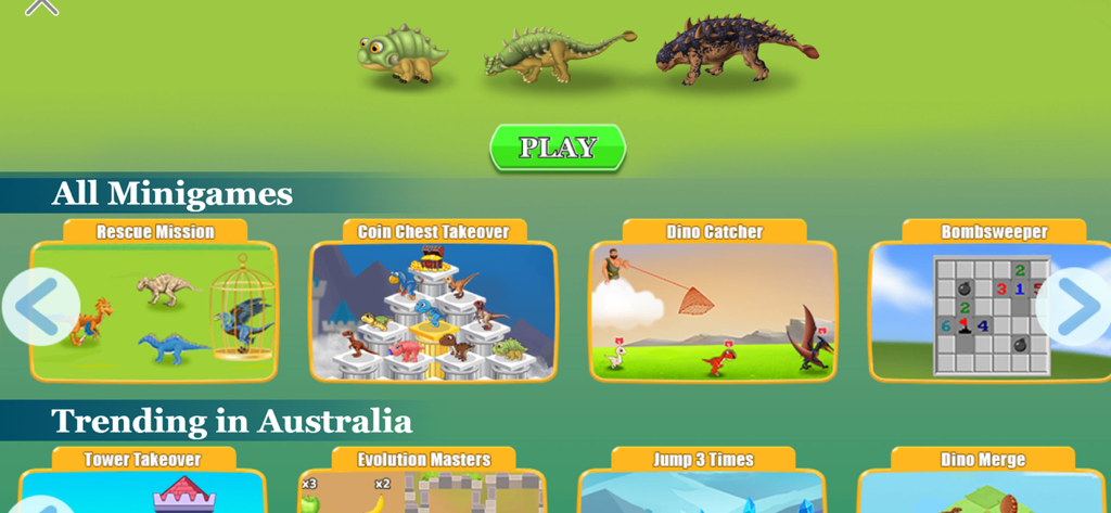 Dinosaur Zoo-The Jurassic game - Menú del juego Dinosaur Zoo que muestra varios minijuegos como Misión de Rescate y Cazador de Dinos