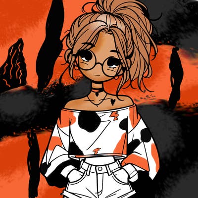 girl with a messy ponytail glasses a baggy crop top and jean shorts