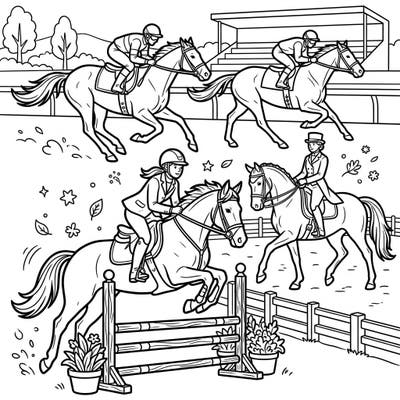 Jump into the exciting world of equestrian sports with this fantastic coloring page designed especially for kids! Featuring lively scenes of horse riders engaged in racing, show jumping, and elegant dressage, it's perfect for young horse enthusiasts.