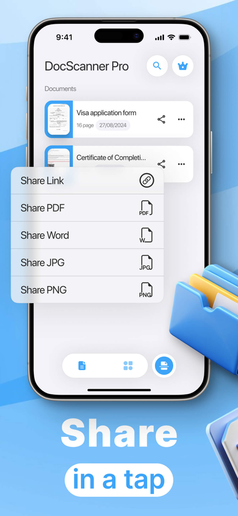 Mobile App-Bildschirm mit Schnellfreigabeoptionen für PDF-, Word- und Bilddateien