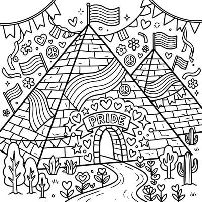 Journey to an ancient land where majestic pyramids stand tall, now vibrantly adorned to celebrate Pride Month. This unique coloring page blends historical wonder with symbols of love, diversity, and community, ready for your creative touch.