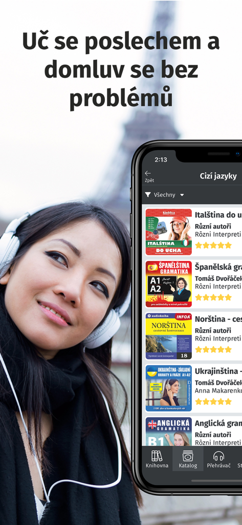 Audiolibrix - Audioknihy - A woman wearing headphones using the Audiolibrix app to browse foreign language audiobooks