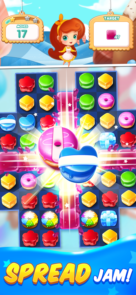 Candy Match 3 Mania mobile game screenshot showing a puzzle board with colourful candies and the text Spread Jam