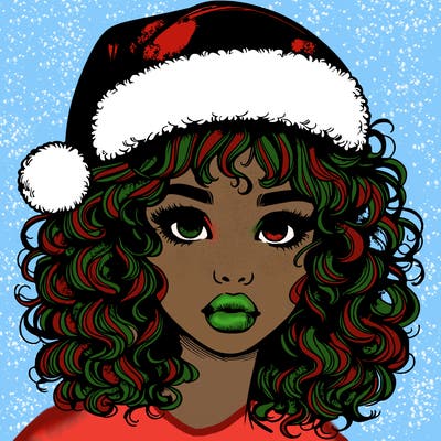 realistic girl with a santa hat curly hair and lips