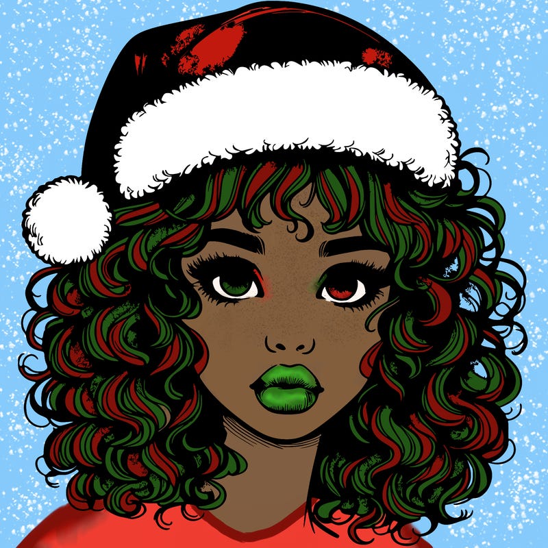 realistic girl with a santa hat curly hair and lips