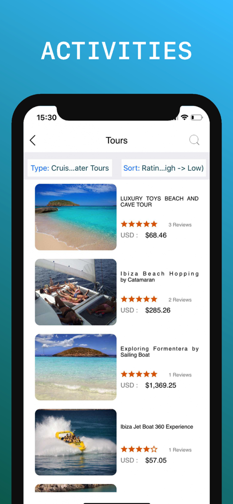Ibiza Travel Guide. - Ibiza Travel Guide app interface displaying a list of boat tours and activities with ratings and prices