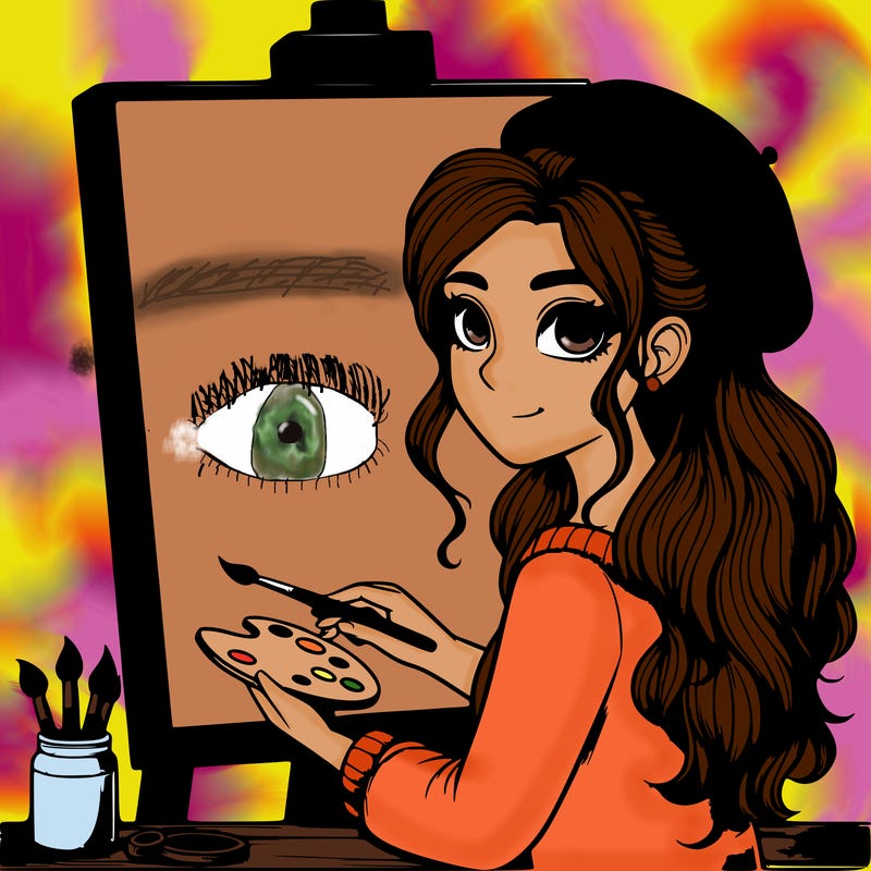 realistic girl artist painting a blank canvas