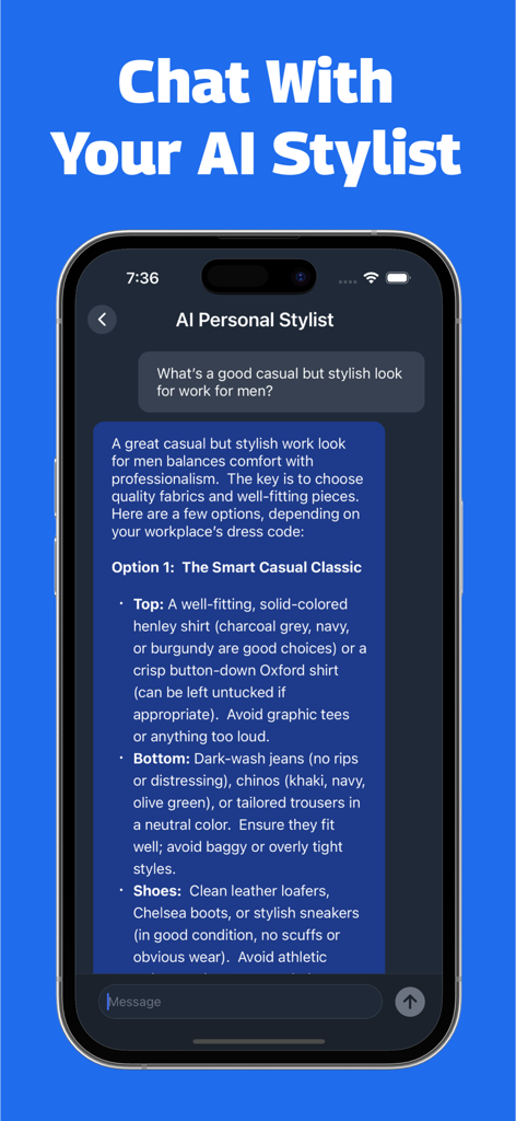 Outfit Planner: AI Outfit - KI-Personal-Stylist-Chat-Oberfläche, die Modeberatung für Männer bietet